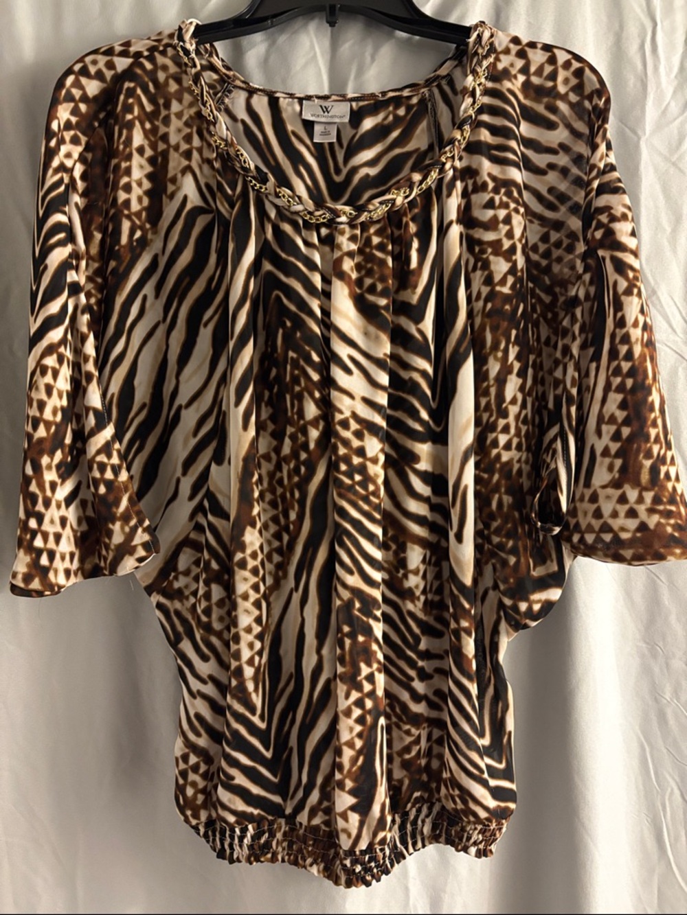 W by Worth Brown and Cream Animal-Print Chain-Trim Blouse